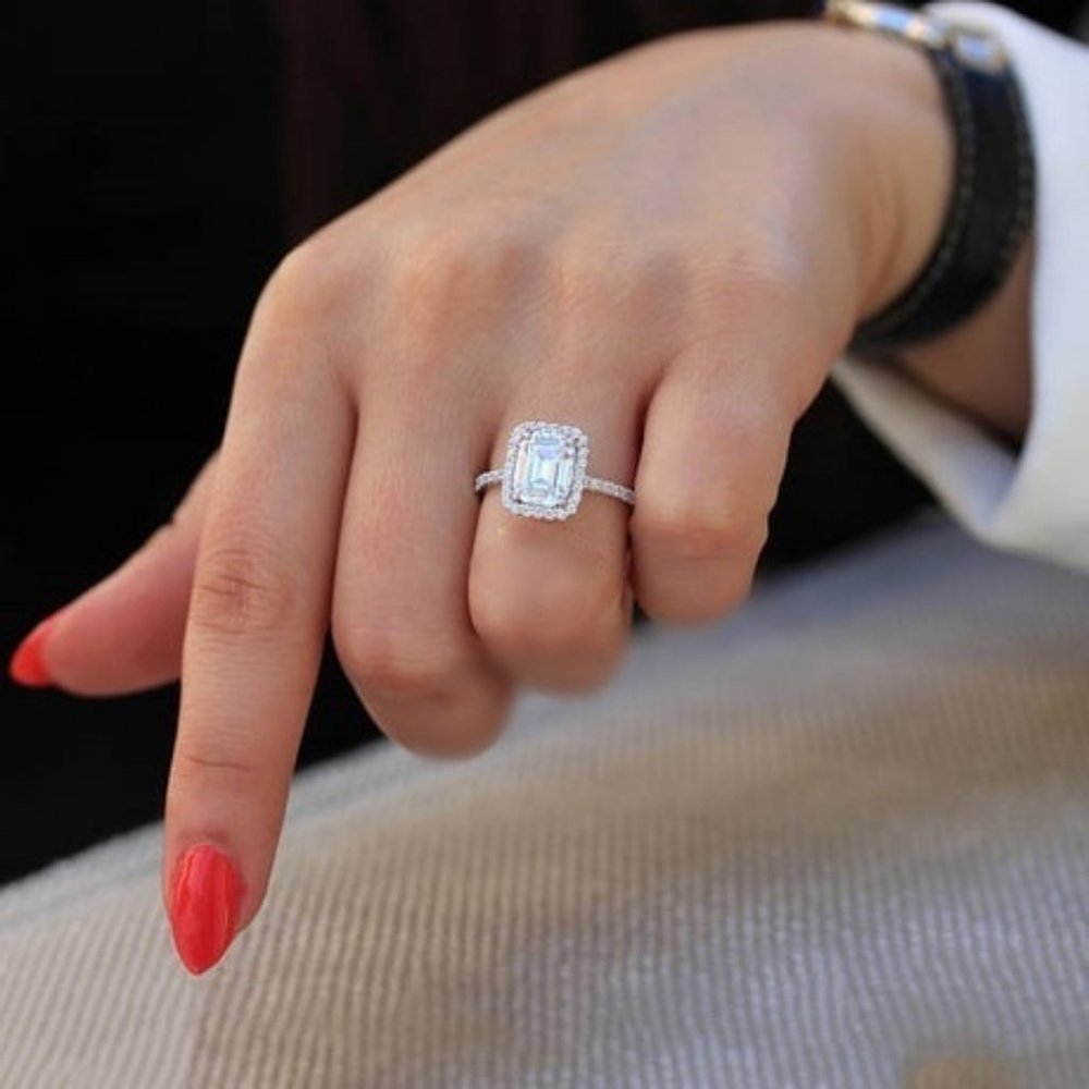*NEW 925 Silver Diamond Halo Emerald Cut Ring - Picture 4 of 5